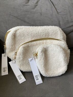 Stoney Clover Lane Cream Sherpa Pouch Trio with Gold Zippers